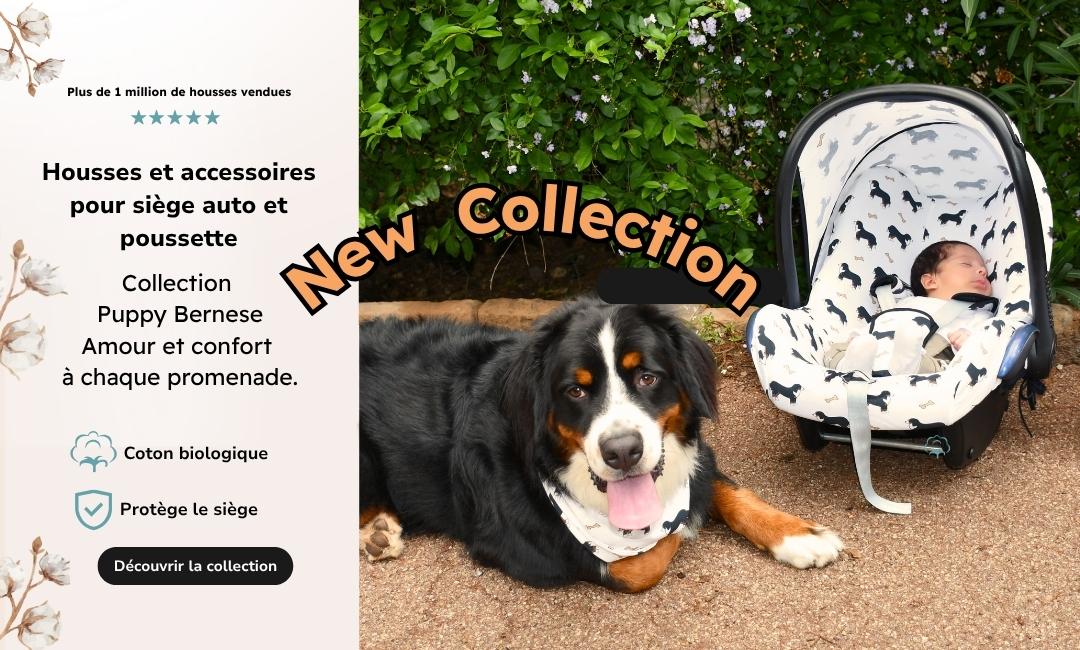 Collection Puppy Bernese avec accessoires doux pour si&egrave;ge auto et poussette by Jyoko.